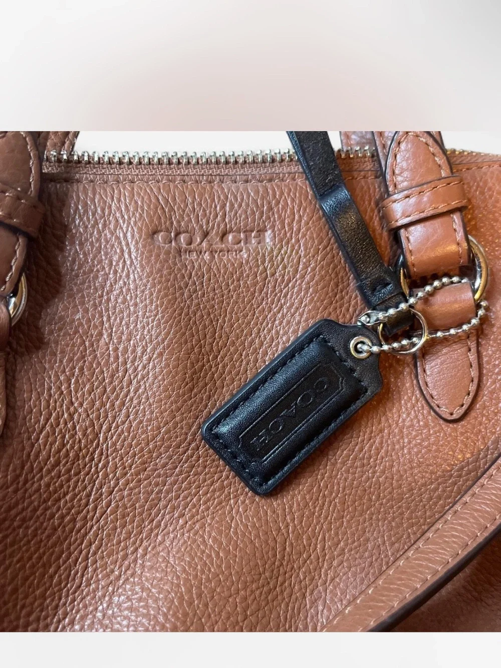 Coach Brown Pebble Leather Dome Shoulder Bag with Black Tag